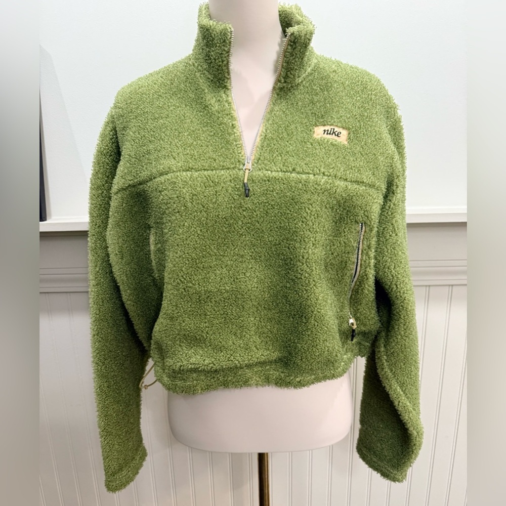 Nike Green & Gold Cropped Quarter Zip Pullover Cinch Waist Medium Athleisure - Picture 2 of 5